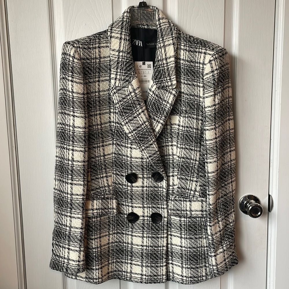 Zara Black & White Checkered Blazer Size Large NWT